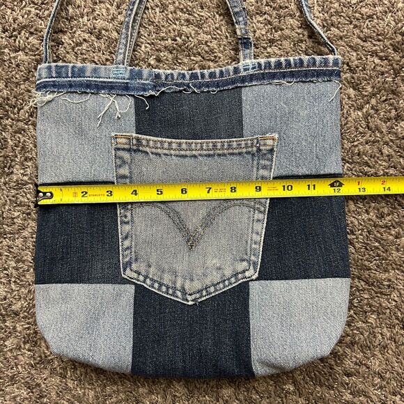 Handmade Denim Mini Bag Patchwork Tote Bag Vintage Jeans Faded Blue 3x10x12 - Picture 6 of 12